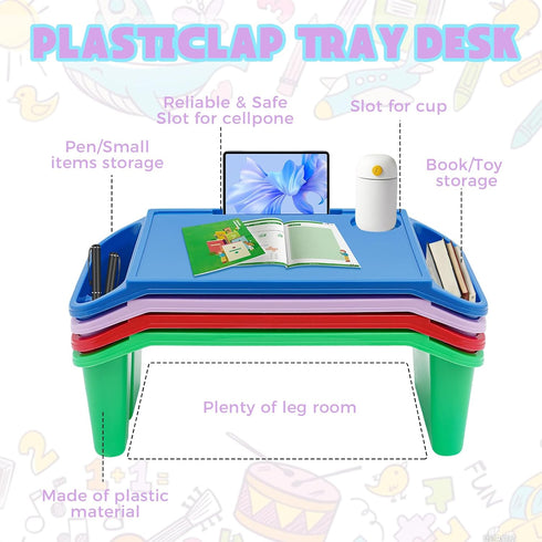 4 Pack 20" 10" 7" Kids Lap Desk Tray, Plastic Breakfast Laptop Trays, Portable Lap Bed Table with Side Pockets