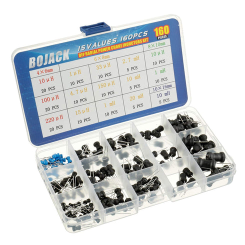BOJACK 15 Values 160 Pcs Inductor - 10 uH to 20 mH DIP Radial Power Choke Inductors Assortment Kit