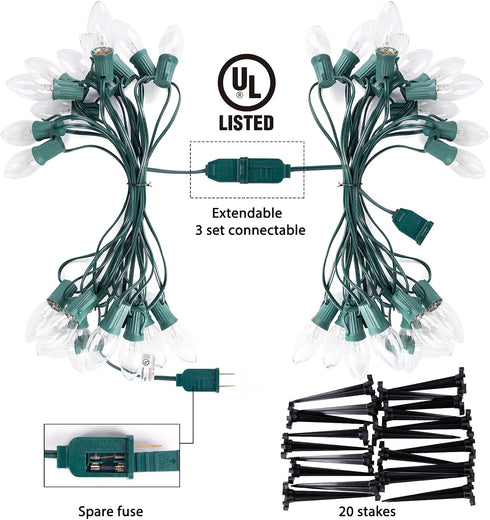 25.7 C9 20 20 Commercial Brightown Christmas Pathway String Lights Outdoor - Ft. Clear Lights with Stakes Connectable