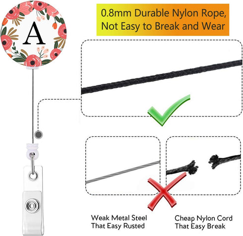 Retractable ID Card Badge Holder with Alligator Clip - Floral Wreath Letter A, Decorative Clip on Card Holders