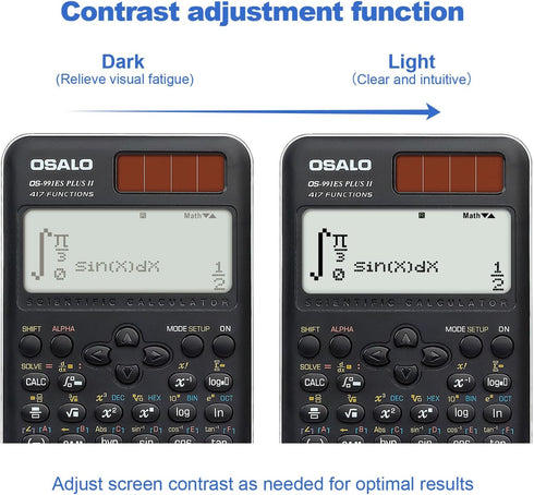 OSALO Scientific Calculator, 417 Function, 2 Line 10+2 Digits Written Display, Solar and Battery for School