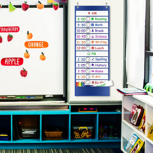 Daily Schedule Pocket Chart, Class Schedule with 13+1 Pockets, 18 Dry Eraser Cards, 2 Easy Over Door Mountings (Blue)