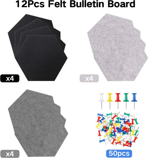 Gute 12 Pcs Self Adhesive Hexagon Felt Bulletin Board Tiles, Wall Decor for Memos Photos Display Cork Board