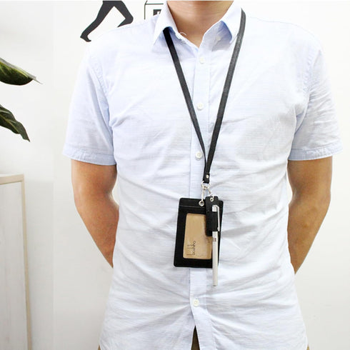 Boshiho Vertical Style Leather ID Card Badge Holder with Heavy Duty Lanyard (Black 2)