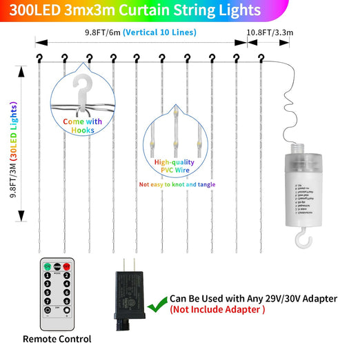 10x10Ft 300LED 8 Dimmable Curtain Lights Battery Operated Waterproof Waterfall Light with Modes Remote Timer Memory
