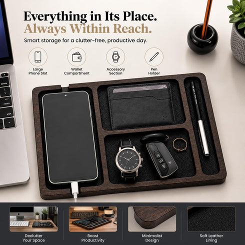 Desk Organizer Tray for Men with Ceramic Pen Holder, Wooden Valet Tray, Minimalist EDC Desk Organizer for Phone