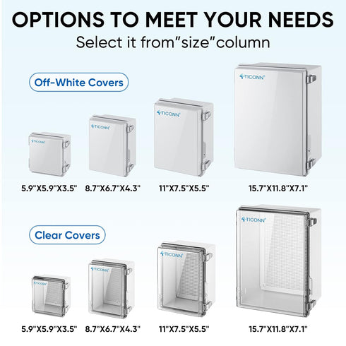 TICONN Waterproof Electrical Junction Box IP67 - ABS Plastic Enclosure with Hinged Cover and Mounting Plate