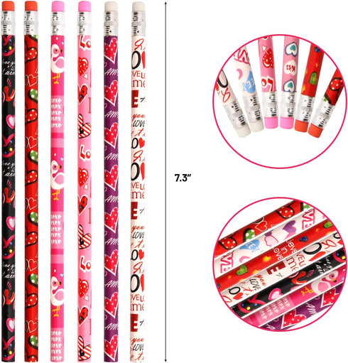 Valentine's Day Pencils for Kids, 60 Pcs Red Heart Pencils with Erasers for Goodie Bags and Rewards