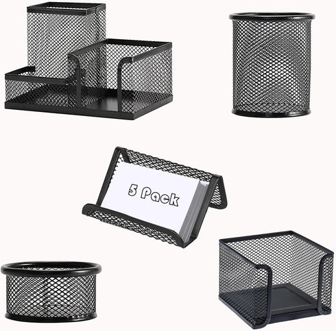 Desk Organizers and Accessories Set, 5 Piece Mesh Pen Holder, Caddy Storage Baskets for Office, School, Home
