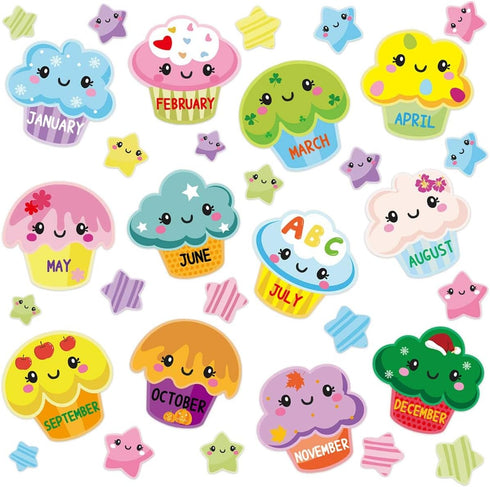 Fancy Land Happy Birthday Bulletin Board Set, Sweet Bright Color Cupcake Classroom Decoration 78 Pieces