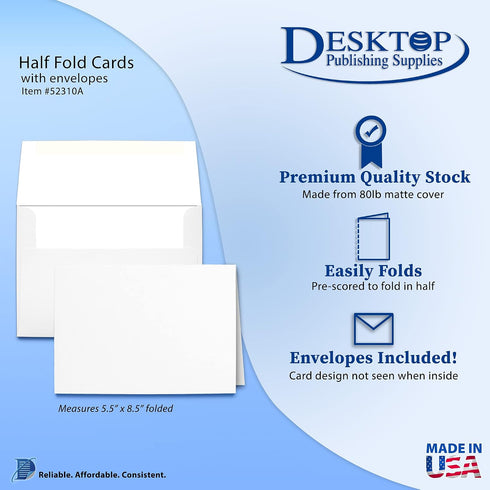 80lb (11" 8 1/2") (5 1/2" 8 1/2") 100 Desktop Publishing Supplies White Half Fold Greeting Cards & Envelopes - Paper