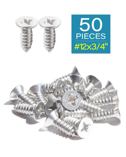 50pcs #12 x 3/4" (19mm) Stainless Flat Head Phillips Wood Screws, 18-8 (304) Stainless Steel Countersunk Self Tapping