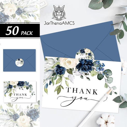 50 Pack 4 6 Inch JarThenaAMCS Floral Thank You Cards Bulk Blue Flower Greeting Cards with Envelopes Stickers Boxed