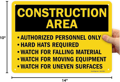 SmartSign "Construction Area - Authorized Personnel Only, Hard Hats Required" Sign | Aluminum 10" x 14"