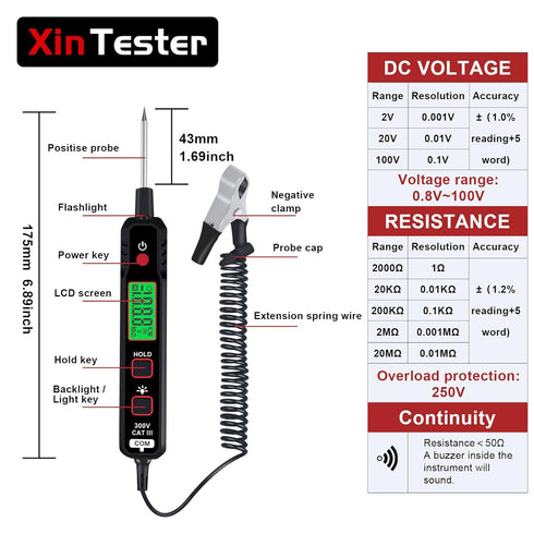 Automotive Test Light, 0.8-100V DC Car Circuit Tester Vehicle Voltage Resistance Detector Pen with LCD Backlight Display, Flashlight, Electrical System Test Tools(XT86A)