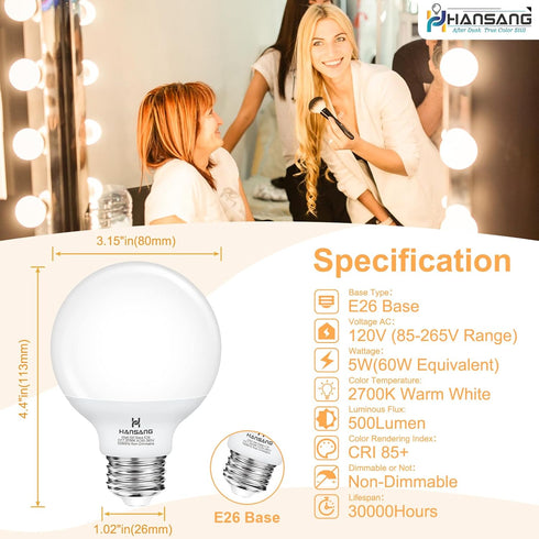 G25 Bulbs, Bulbs E26 2700K 60W Equivalent(5W), 500LM Non-dimmable,4Pack hansang LED Globe Light Bathroom Vanity Light