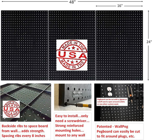 WallPeg 24" x 48" Garage Pegboard Kit (PK-3-B) - Peg Board Panels, Hooks for Tool Organizer, Garage Storage