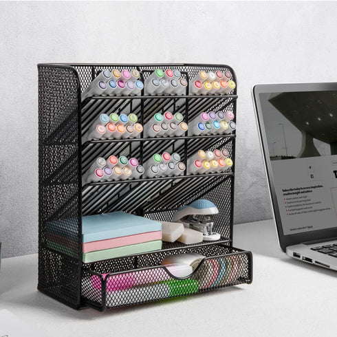 Spacrea Metal Desk Organizer with Drawer, Pencil Holder for School, Home, Art Supplies (Black)