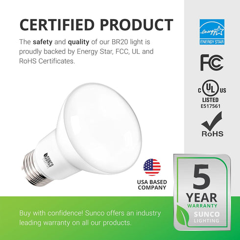 Sunco Lighting 4 Pack BR20 LED Bulbs, Indoor Flood Light, Dimmable, 2700K Soft White, E26 Base