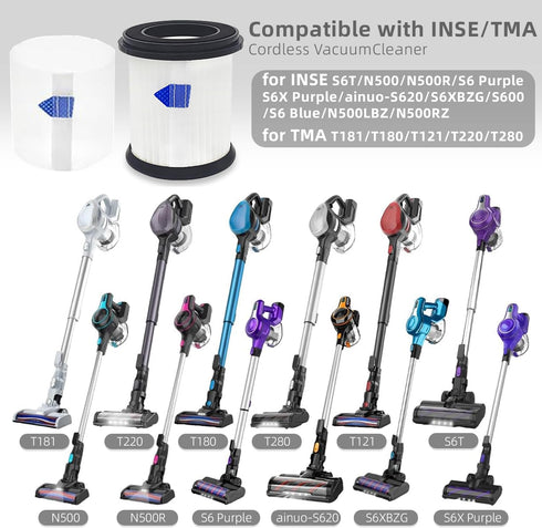 High-Efficiency Filter Replacement for INSE N5S N5T S6T S6P Pro S610/TMA T120 T121 T151 T150 T220 T210 T181 T180 T220 Cordless Vacuum Cleaner -6 pack+1pc Brush