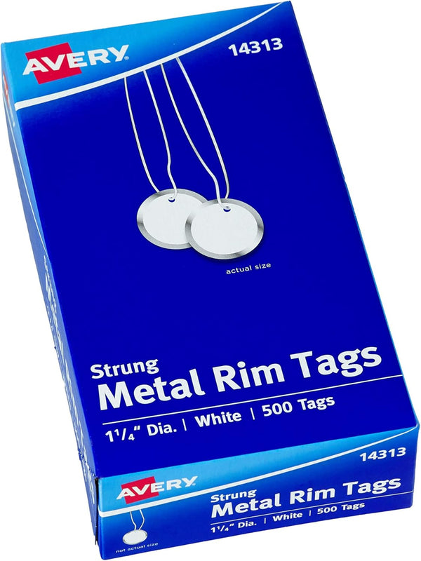 Avery Metal Rim Key Tags: 1.25" Diameter, White, 500 Tags with Strings