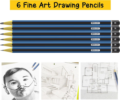 BAZIC Drawing Sketching Pencil Set, Professional Graphite Kit, HB 2B 4B 6B 7B 8B, 6 Pencils/Pack, 24-Packs