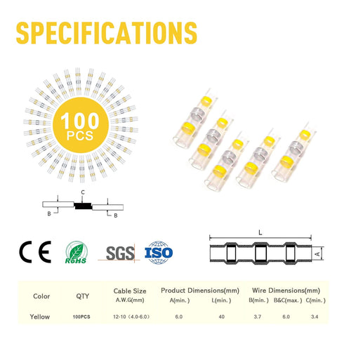 Kuject 100PCS Solder Seal Wire Connectors AWG 12-10, Yellow Solder Seal Heat Shrink Butt Connectors Terminals Solder Sleeve Waterproof Wire Splice Connector for Marine Boat Wire Joint