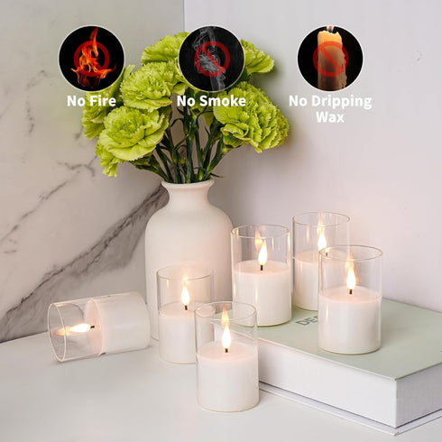 12Pack 2"X3" w/4 Timers+2 VIODAIM Glass Flickering Flameless Candles with Remote, Real Wax Votive Candles Battery