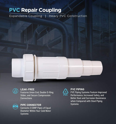 Midline Valve 567SD200 Heavy Duty PVC Repair Coupling, Expandable Pipe Fitting, 2'' White Plastic
