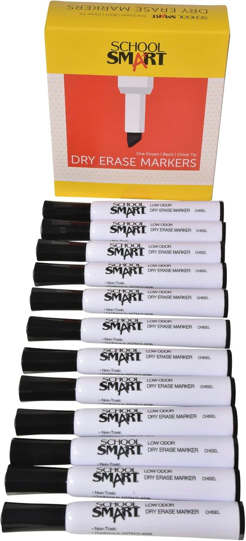 School Smart Low Odor Dry Erase Marker, Chisel Tip, Black, Pack of 12, 40 lb - 24 Inches x 1000 Feet