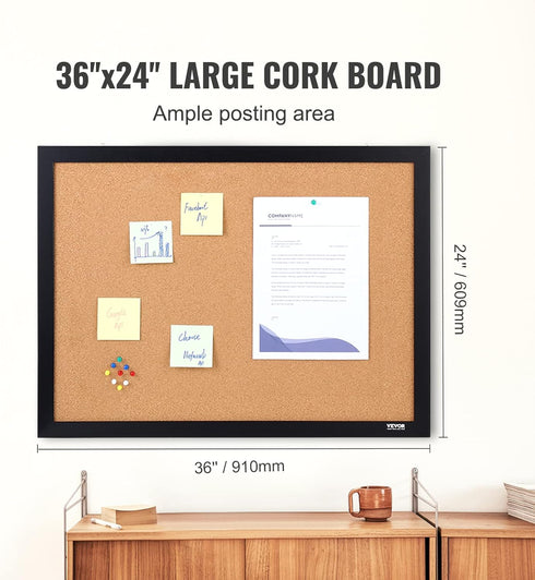 VEVOR 36" x 24" Cork Board for Office, Framed Bulletin Board with Push Pins for Home and School