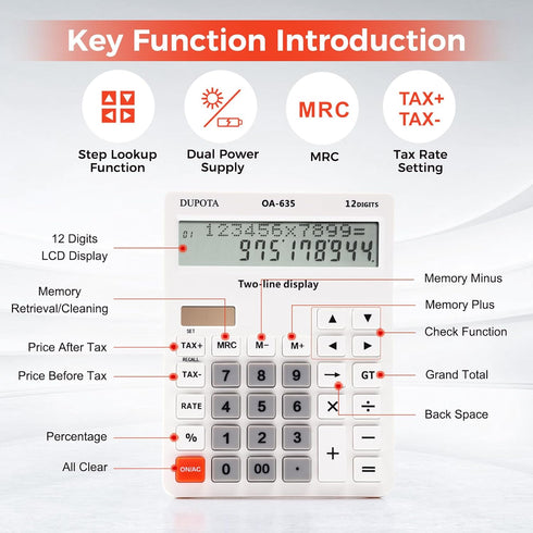 Calculator Handheld Large Display with 12 Digits, Dual Solar Power and Battery, Tax and Check Function