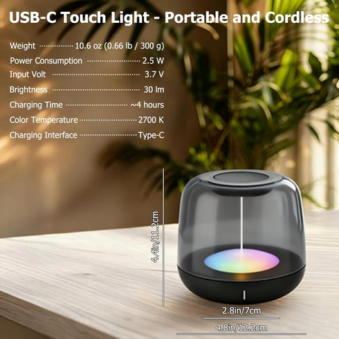 5 Dimmable 2700K IP44 Touch Control Bedside Lamp, Portable Rechargeable Table Night Light with Dynamic Effects & Warm