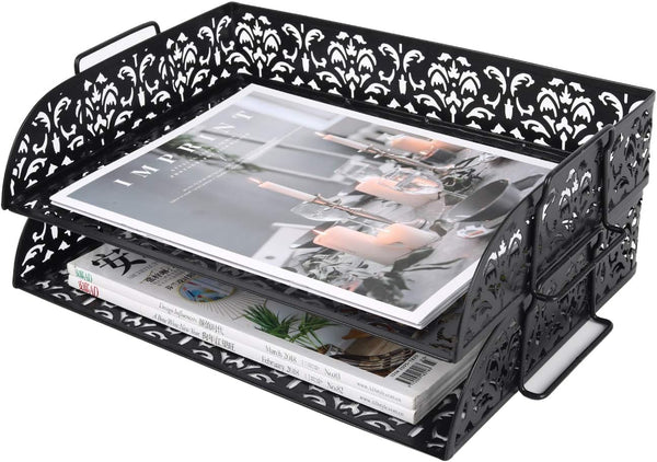 EasyPAG Stackable Letter Tray Organizer - 2 Tiers, A4 Paper Sorter, Mesh File Paper Tray, Black