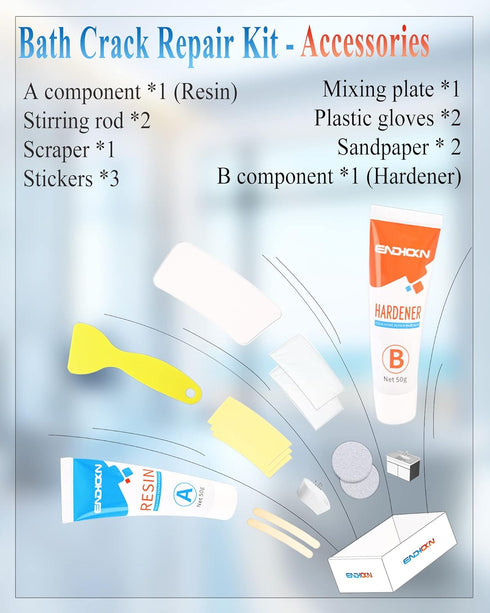 Bath Repair Kit - Endhokn Enamel, Porcelain, Acrylic, Fiberglass, Ceramic Sink, Tub, Tile Repair