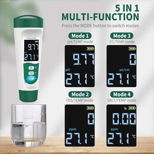 5-in-1 Swimming Digital PH Meter, with Voice Function, PH/TDS/EC/Temp/Salt Pool Salt Tester, Waterproof & Rechargeable