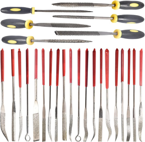 26Pcs Needle File Set, 6Pcs 140mm Wood Rasp Hand Metal File Tools + 10Pcs 140mm Mini Diamond Needle File Set + 10Pcs 140mm Mini Diamond Riffler Needle File Set for Metal, Wood, Plastic,Jewelry by KingBra