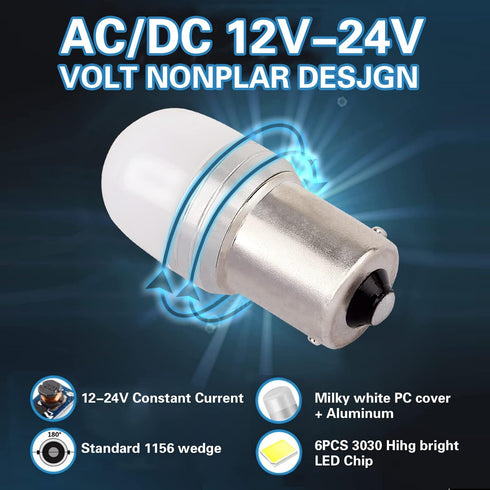 Ba15s 1156 12V 24V P21w LED Bulb 6000K Daylight White, Used for RV Interior, Backup Lights, 2Pcs