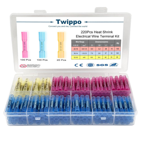 220Pcs Waterproof Butt Terminal Connectors Kit - Heat Shrink Electrical Connector Terminals for Automotive (22-10 Gauge)