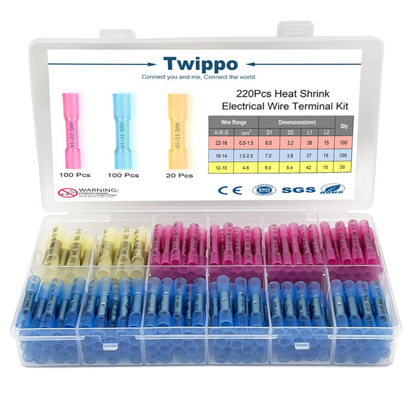 220Pcs Waterproof Butt Terminal Connectors Kit - Heat Shrink Electrical Connector Terminals for Automotive (22-10 Gauge)