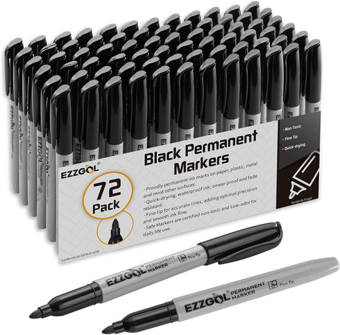 Permanent Markers Bulk, 72 Pack Fine Tip Black Waterproof Marker Set, Quick Drying, Smear Proof Pens for Office, School