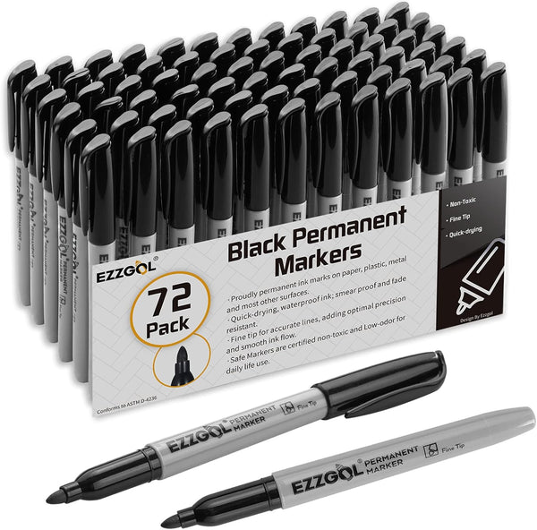 Permanent Markers Bulk, 72 Pack Fine Tip Black Waterproof Marker Set, Quick Drying, Smear Proof Pens for Office, School