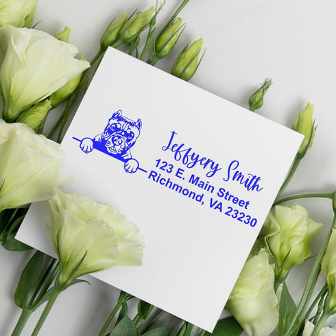 7/8 2-1/4 Adorable Peeking Pitbull Self-Inking Return Address Stamp for Cards, Letters & Envelopes | Custom
