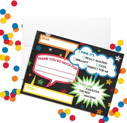 Chalkboard Speech Bubble Birthday Thank You Notes for Kids, Ten 4" x 5.5" Fill In The Blank Cards with Envelopes