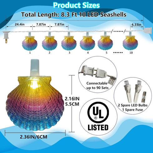 Beach Seashell String Lights 8.3FT Ocean Themed Decorative Lights 10 LED Seashells Lights, Plug-in Warm White Fairy Lights for Patio Garden Wedding Bedroom Hawaii Party Tropical Beach Themed Decor by Wxuean