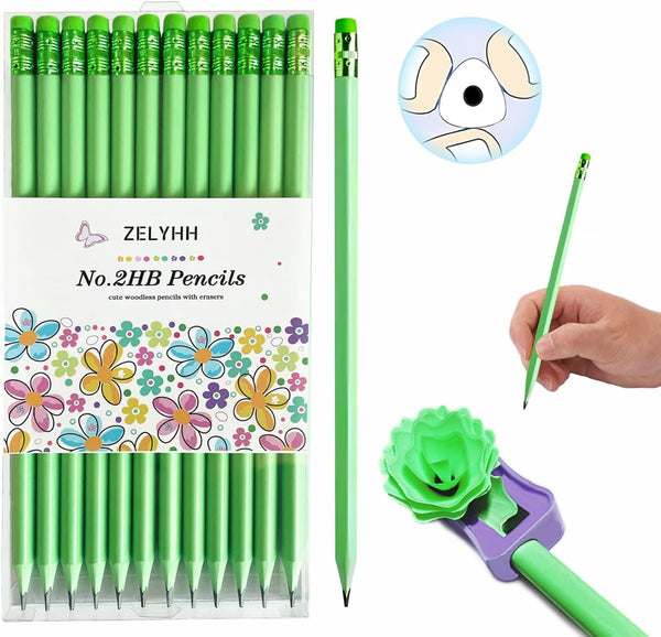 Funny Triangle Pencils #2 Green Pre Sharpened HB Pencils with Erasers, 12 Pack Triangular Party Favor Pencils