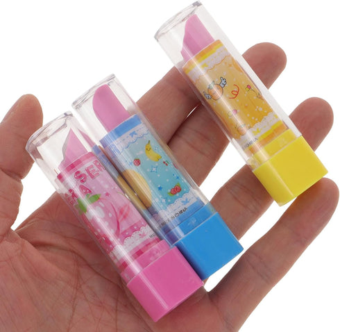 ibasenice Kids Lipstick Erasers, 3pcs Cute Cartoon Novelty Erasers for Kids Stationery