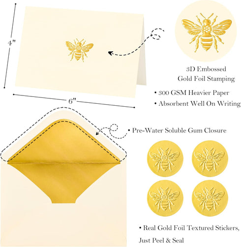 50 Pack 4x6, Crisky Blank Cards and Envelopes Embossed Gold Foil Bee Blank Greeting Cards Bulk for Wedding, Bridal