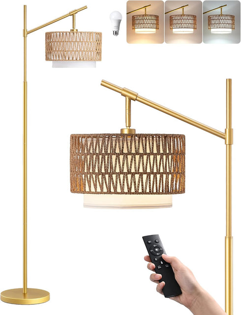 Dimmable Bulb, EDISHINE Rattan Arc Floor Lamp with Remote, Gold Farmhouse Standing Lamps for Living Room, Rattan