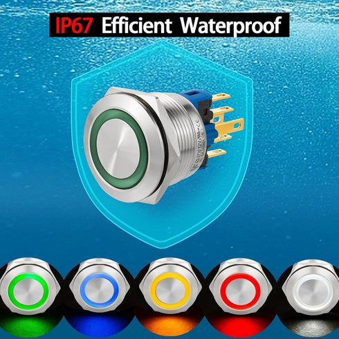 Push Button Switch 22mm Latching 110V/120V 1NO 1NC SPDT Waterproof Industrial Switches with Wire (Blue)